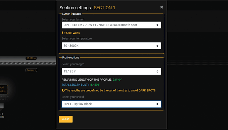 section options pop-up
